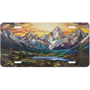 Stained Glass Mountain Range Aluminum Front License Plate Vanity Plate, Hiking Outdoor Decor,  Hiking Camping Nature License Plates