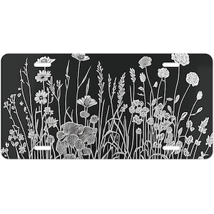 Ultra Slim Hand Drawn Wildflowers Aluminum Vanity Plate Frame For Women Botanical Plant Lover Gift For Her Boho Car Accessories For Women