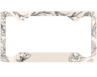 Ultra Slim Minimalist Biege Floral Line Art License Plate Frame, Cute Car Accessories, wildflower license plate frame