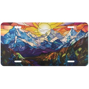 Stained Glass Mountain Range Aluminum Front License Plate Vanity Plate, Hiking Outdoor Decor,  Hiking Camping Nature License Plates