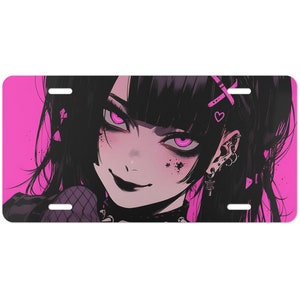 Ultra Slim Goth Creepy Horror Lofi Aesthetic Anime Girl Aluminum Vanity Plate Frame JDM Car Gift For Car Lover Neon Cyberpunk Car Decor