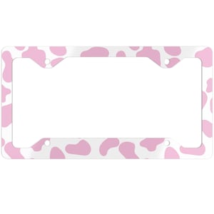 Ultra Slim Cow Print Pink and White Aluminum License Plate Frame Cow Lovers Gift For Her Cute Cowgirl Car Accessories for Women Western