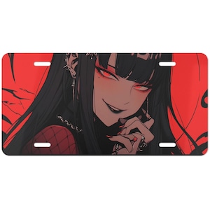 Ultra Slim Creepy Horror Lofi Aesthetic Anime Girl Aluminum Vanity Plate Frame JDM Car Gift For Car Lover Neon Cyberpunk Car Decor
