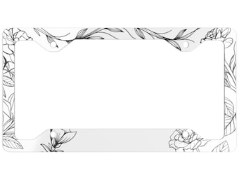 Ultra Slim White Minimalist Biege Floral Line Art License Plate Frame, Cute Car Accessories, wildflower license plate frame