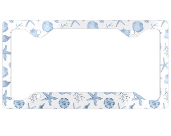 Blue White Seashells Ocean Aluminum Front License Plate Vanity Plate Car Accessories Gift For Her New Car Gifts Unique Gift for New Drivers