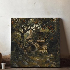 Vintage Stone Cottage Painting Canvas Art Print Matte Stretched 0.75&quot; Cottagecore Room Decor Unique Gift for Goth Home Decor Halloween Decor