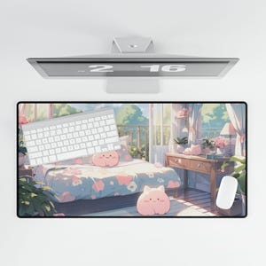 Anime Lofi Kawaii Cat Desk Mat Large Gaming Desk Mat Unique Desk Accessory Gift For her Gamer Gift For Girlfriend TCG Desk Mat