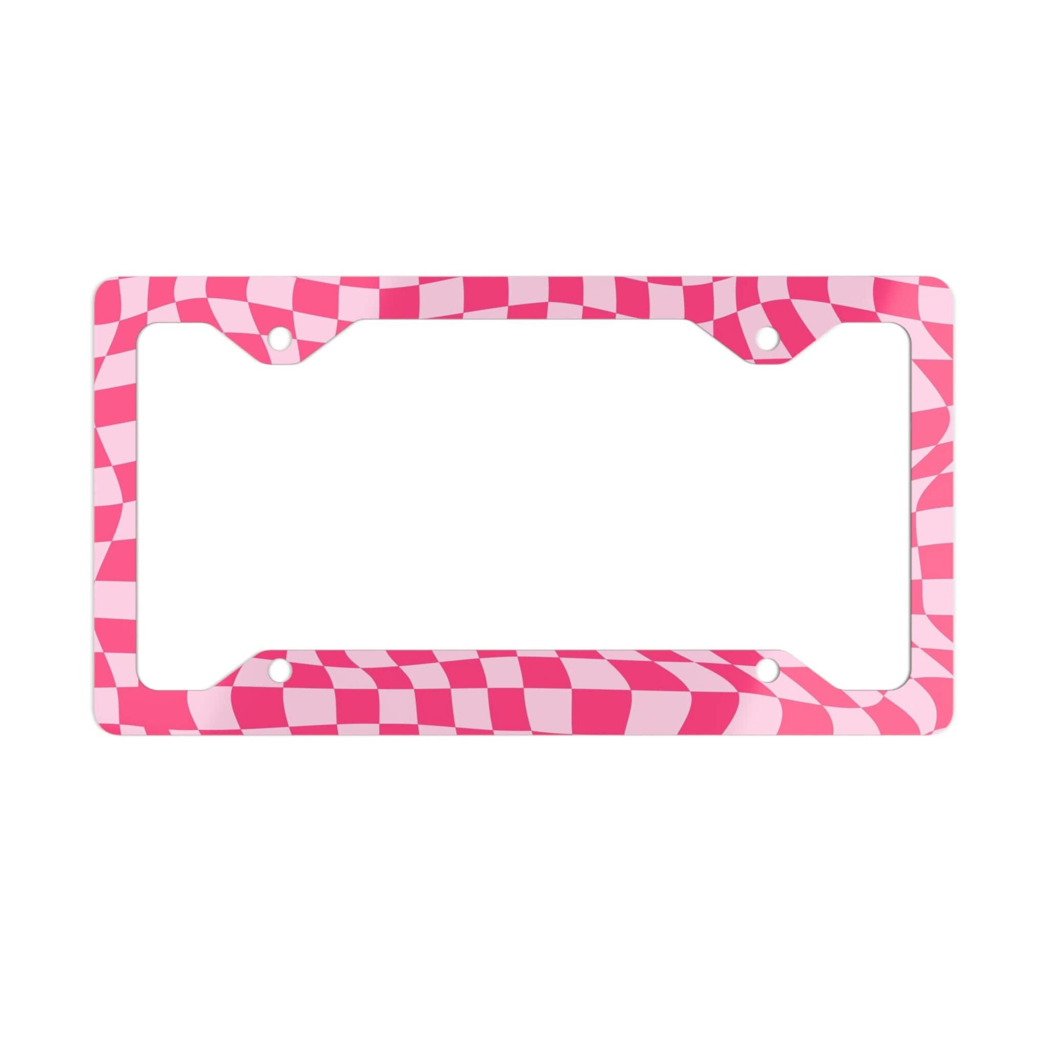 Ultra Slim Checkered Pink and White Aluminum License Plate Frame, License Plate Customization Vanity Plate Frame Cute Car Decor