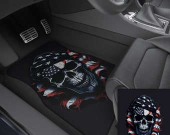 American Flag Skull Car Floor Mats Set of 2 For 4th of July United States Army Gift For Military Veteran USA Flag