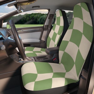 Set of 2 Checkered Beige and Green Car Seat Protector Trendy Car Accessories Gift For Her Cute Y2K Car Accessories Checkerboard Aesthetic
