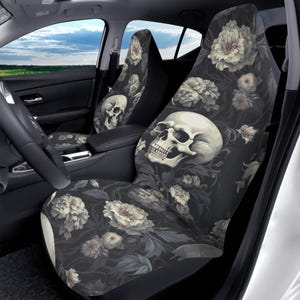 Black And White Floral Skulls Soft and Lightweight Front Car Seat Covers Set Of 2 Gift For Her Goth Car Decor Black Car Accessories