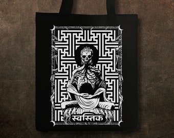 Sayagata Boeddha grafische draagtas, schoudertas van de heilige geometrie, swastika Sanskriet occulte tas, manji Japanse boeddhistische scherm gedrukt cadeau