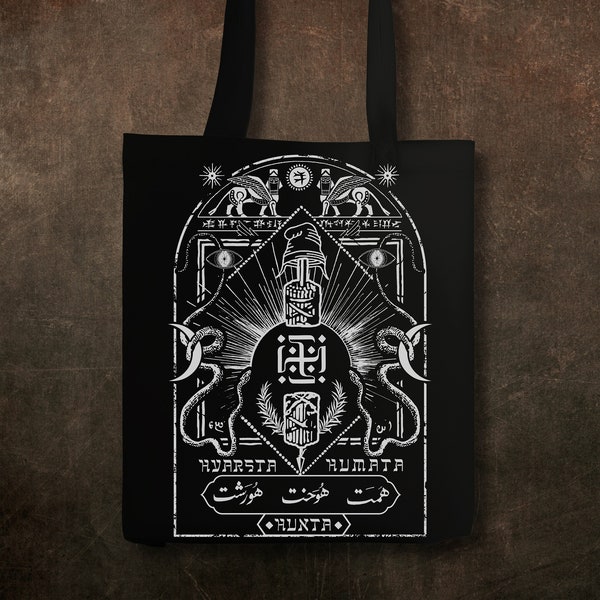 Ancient swastika in Mithraic cult of fire screen print tote bag.Threefold Path of Asha protected by Naga and Sacred Moon,occult graphic bag