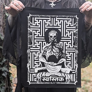 Patch dorsal du Bouddha Sayagata, sérigraphie en tissu rituel de géométrie sacrée, vêtement occulte sanskrit à croix gammée, cadeau graphique manji bouddhiste japonais