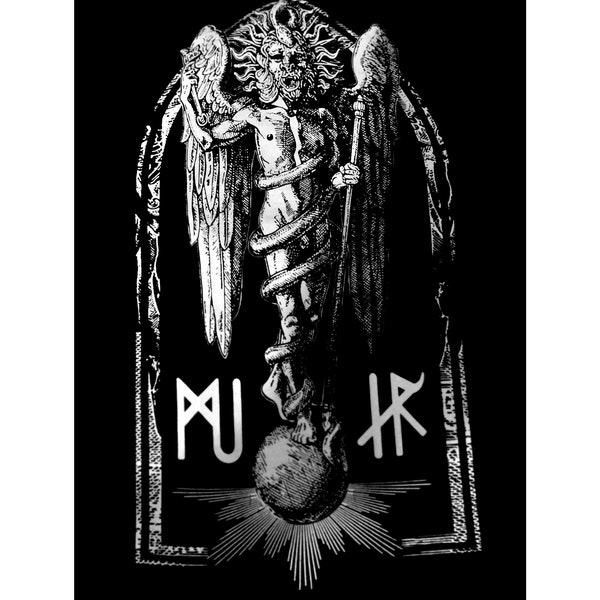 Mithraic occult backpatch,mystic phanes lithography style graphic heavy cotton ritual cloth,pagan sun god with rune writing home decor