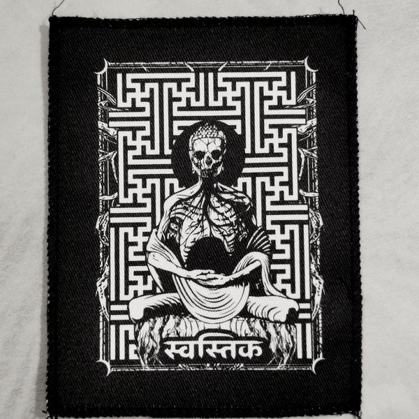 Sayagata buddha patch,ancient Swastika cloth,oriental buddhist ritual altar element,Zen meditating monk white print on organic black cotton