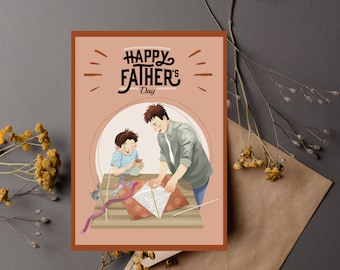 Bunte Aquarell Illustration Vater und Sohn machen Kite glückliche Vatertagskarte, Vatertagskarte, Vatertagskarte, Tochter Vatertagskarte.