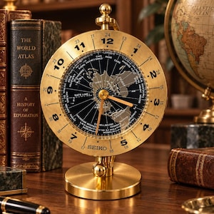 May include: A gold-toned Seiko world time clock with a circular brass frame featuring black hour markers from 1 to 24. The center displays a black map of the world with white text indicating various global cities and the date line, with gold hands.