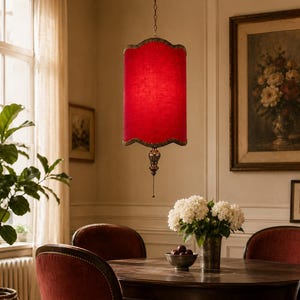 Vintage MCM Red Velvet Swag Lamp 17 x 11, Plug-In Hanging Pendant Light With Long Chain and Pull Chain, Hollywood Regency Decor