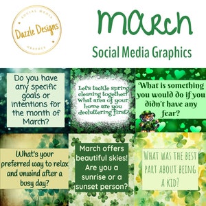 May include: A green and white graphic with the word "March" in large green letters. The graphic is divided into six squares, each with a different question or statement related to the month of March. The questions are: "Do you have any specific goals or intentions for the month of March?", "Let's tackle spring cleaning together! What area of your home are you decluttering first?", "What is something you would do if you didn't have any fear?", "What's your preferred way to relax and unwind after a busy day?", "March offers beautiful skies! Are you a sunrise or a sunset person?", and "WHAT WAS THE BEST PART ABOUT BEING A KID?"