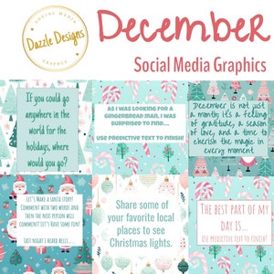 Puede incluir: Gráficos de redes sociales con temática de diciembre. El diseño presenta un fondo turquesa con árboles de Navidad y bastones de caramelo. El texto incluye indicaciones para publicaciones interactivas, como "Comparte tus lugares favoritos para ver luces navideñas."