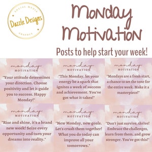May include: Six colorful motivational quotes for Monday, each with a different message about starting the week off right. The quotes are written in a white font on a pink and purple watercolor background.