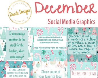 May include: A collection of December-themed social media graphics. The design features a teal background with Christmas trees and candy canes. Text includes prompts for interactive posts, such as "If you could go anywhere in the world for the holidays, where would you go?"