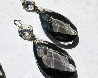 Set of TWO Highly Faceted Gray Glass Chandelier Prisms For Replacement Parts or Craft