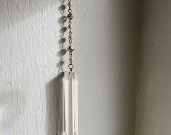 Upcycled Suncatcher With Large Vintage Spear Crystal Glass Prism And Vintage Pearl Chain