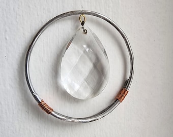 Upcycled Aluminum and Copper Suncatcher With Vintage Highly Faceted Lead Crystal Glass Teardrop Prism