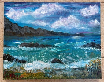 Painting storm, raging sea in blueс colors acrylic