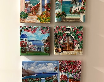 Mini painting collection Santorini, small painting, acrylic, fridge magnets, mini art,