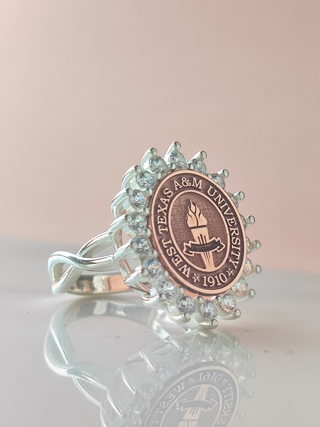 University Key Rings Personalized University Ring Sterling Silver College Ring Halo School ...