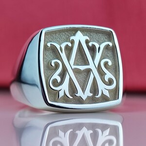 Anillo de oro y plata con monograma inicial, joyería personalizada, anillo personalizado hecho a mano, diseño moderno elegante, idea de regalo personalizada única