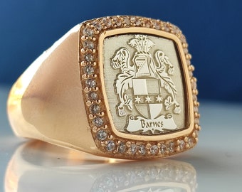 May include: A gold-toned signet ring featuring a square face with a central engraved crest and the name Barnes. The border of the face is set with small, clear, sparkling stones. The band is smooth and polished, reflecting light on its surface.