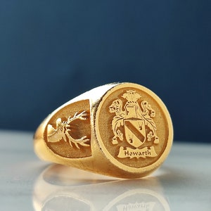 Anillo con sello personalizado, anillo con sello con escudo familiar, joyería personalizada, anillo con sello con escudo de armas de oro macizo, regalo de Navidad, anillos con escudo familiar