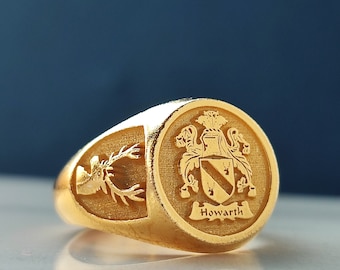 Custom Signet Ring, Family Crest Signet Ring, Personalized Jewelry, Solid Gold Coat of Arms Signet Ring, Christmas Gift, Family Crest Rings