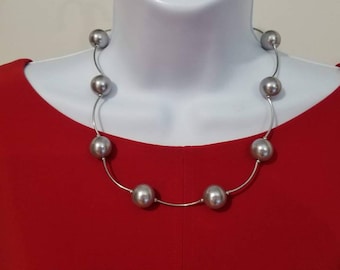 Silver faux pearls station necklace, adjustable