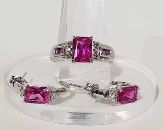 Sterling, sapphire & diamond ring and earrings set