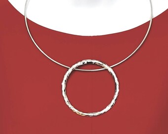 Silver tone snake chain necklace with large silver hoop pendant