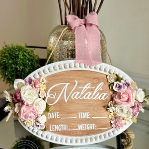 Baby announcement hospital  nursery door name hanger /Floral baby name sign / pink nursery hospital door hanger Baby Girl