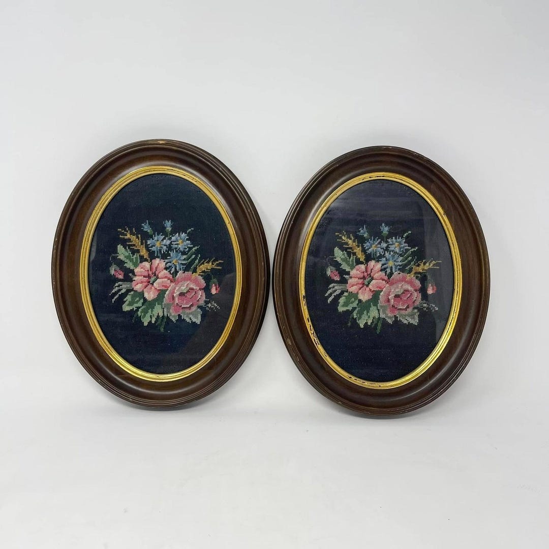 Vintage Oval Framed Floral Needlework Black Canvas Brown Gold Frame ...