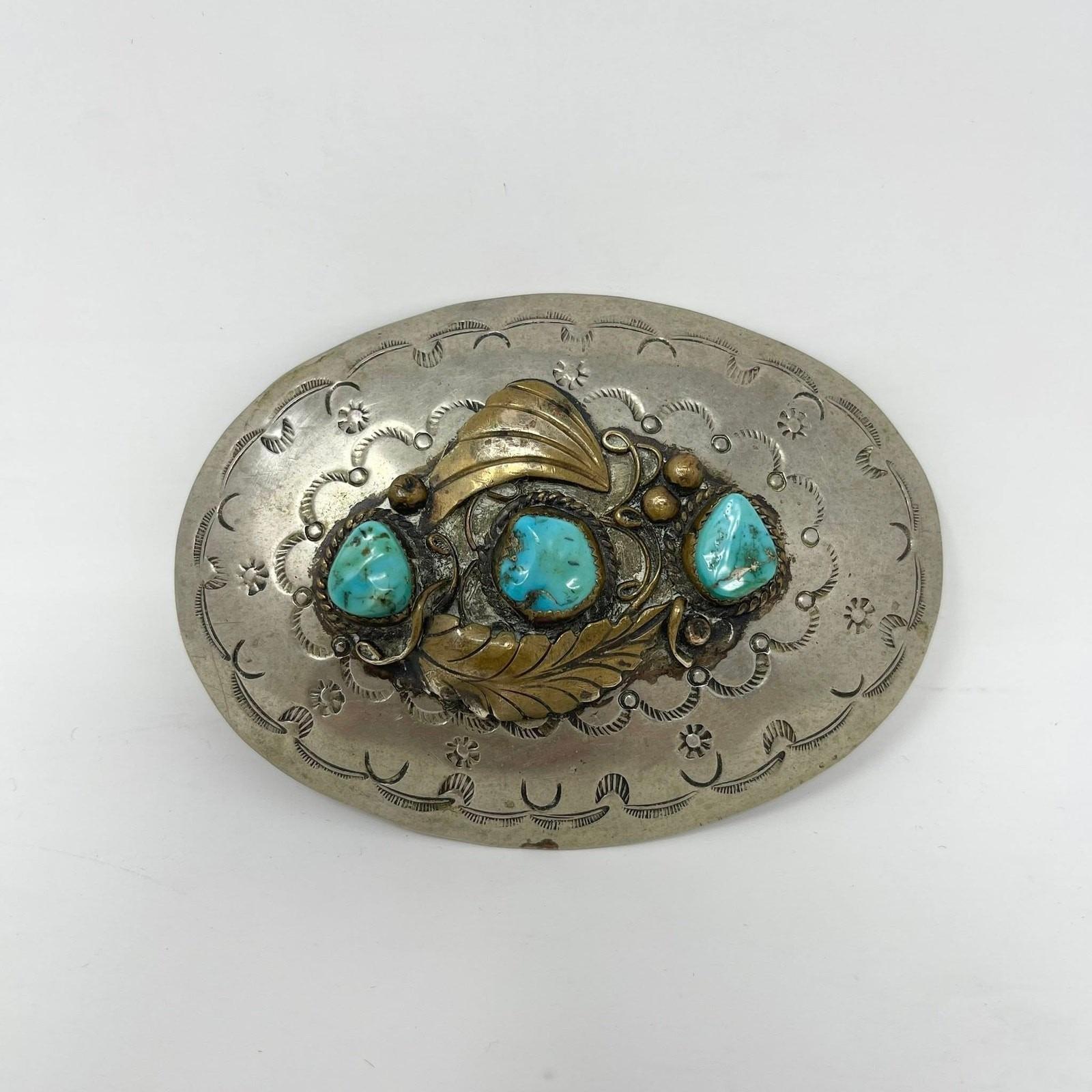 VTG Nickel Silver Belt Buckle Turquoise Cabochon 3-stone 