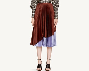 Pleated Asymmetrical Skirt / Two Tone Skirt / Womens High Fashion Skirt