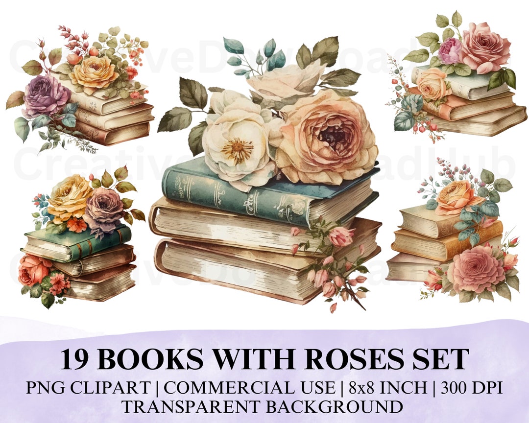 19 PNG Books With Roses Watercolor Clipart, Realistic Pile of Books ...