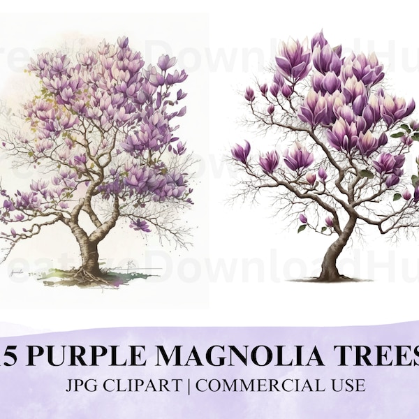 15 JPG Purple Magnolia Trees Watercolor Clipart Download, Magnolia Trees Clipart JPG, Purple Watercolor Magnolia Tree JPG Scrapbooking