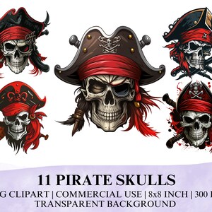 11 Pirate Skulls PNG Clipart, Pirate Captain Clipart, Skull Clipart, Cartoon Style Pirates, Pirate with Hooks and Swords Clipart, Skull PNG