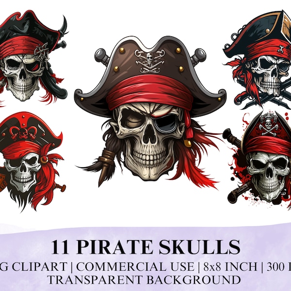 11 Pirate Skulls PNG Clipart, Pirate Captain Clipart, Skull Clipart, Cartoon Style Pirates, Pirate with Hooks and Swords Clipart, Skull PNG