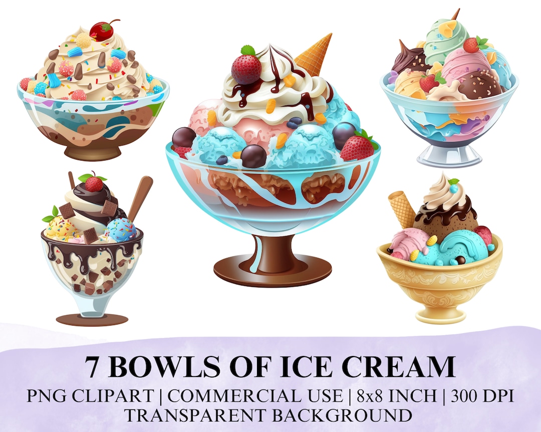 7 Bowls of Ice Cream PNG Clipart, Cartoon Style Bowls of Ice Cream