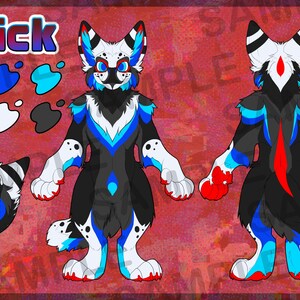 May include: A digital illustration of a furry character design. The character is primarily black with white, blue, and red accents. The design includes a front and back view, a headshot, and a color palette with the word "Click".